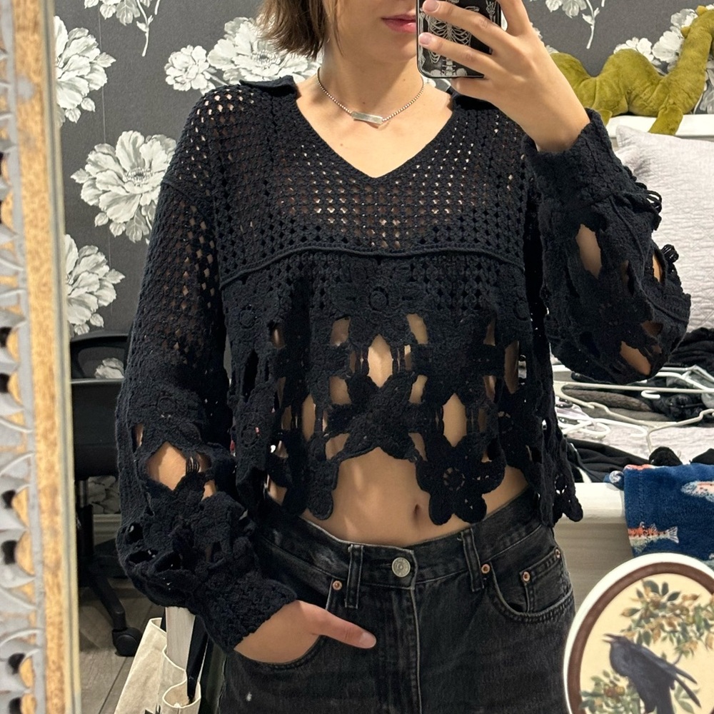 Next Black V-Neck Crocheted Sweater
